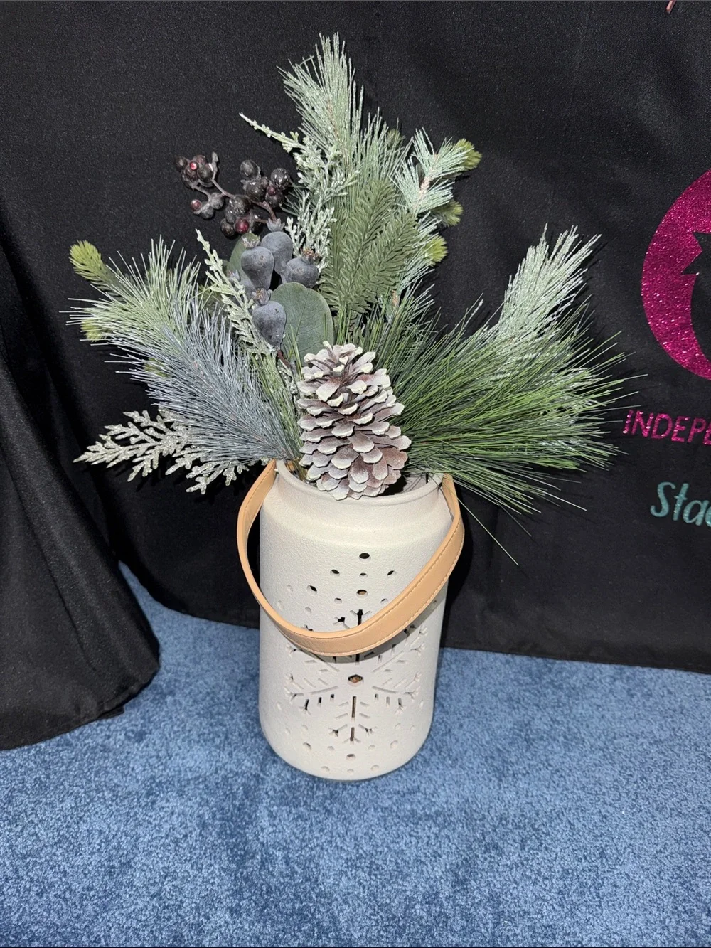 Neutral White Lantern Vase with Frosted Pine Arrangement